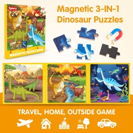 SYNARRY Magnetic Dinosaur Puzzles for Kids Ages 3-5, 20 Pieces Toddler Dino Puzzles, Children Travel Activity Toys Games for Kids Boys Girls Ages 3 4 5 in Car Airplane, Learning Magnet for Road Trip