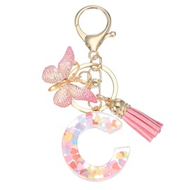 PATIKIL Alphabet Initial Letter Keychain, Resin Cute Keychains with Tassel Butterfly Letter C Pendant Charm for Women Key Purse Handbag Bag Accessories, Pink