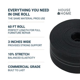 House2Home Webbing for Lawn Chairs and Furniture, Upholstery Webbing to Repair Couch Supports for Sagging Cushions, 3 Inch Wide by 60 Foot Roll 10% Stretch Elastic Chair Webbing Replacement
