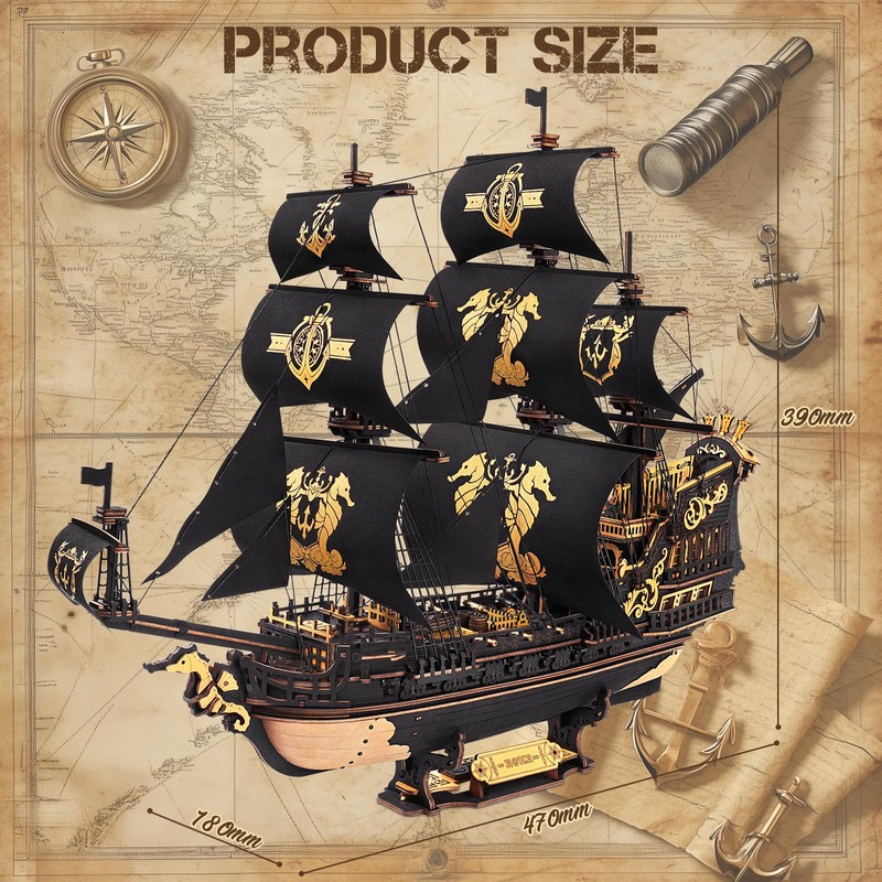 ROKR 3D Wooden Puzzles for Adults,Seahorse Barque Model kit, 603