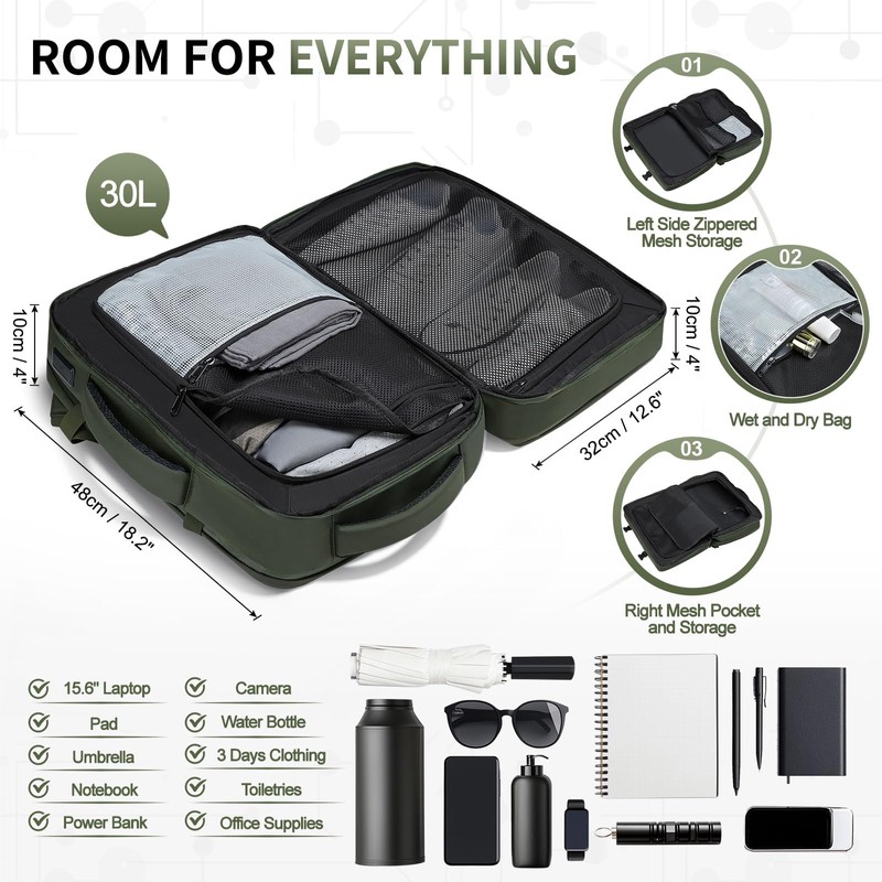 SUIKIHUM Lay Flat Carry on Travel Backpack, 30L Airline Approved,