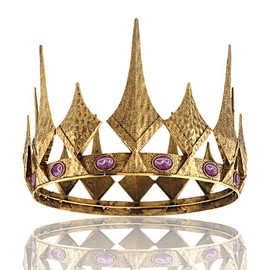 Queen King Opal Crown Round Royal Crown For Prom Pageant Birthday Party Valentines Costume (Large Size 7.28" Diameter,Dark Gold With Purple Stone)