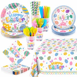durony durony 194 Pieces Easter Colorful Tableware Set Dinnerware Bundle Including Paper Plates Cups Napkins Straws Plastic Cutlery Tablecloth for Easter Party Supplies Decorations, Serves 24 Guests