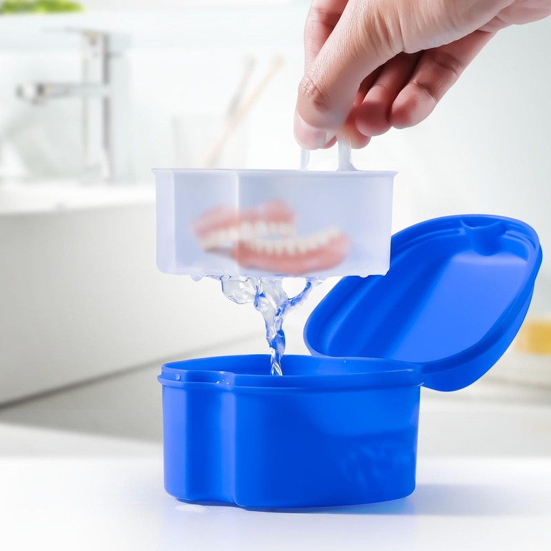 JMU Denture Case, Denture Cup for Soaking Dentures with Strainer