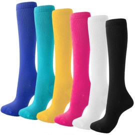Dress Cici Nylon Compression Socks for Women, Timeless Pure Solid Color, Sports Athletic Knee High Long Socks (6 Pack: Black+Blue+Light Blue+Rose Red+White+Yellow)