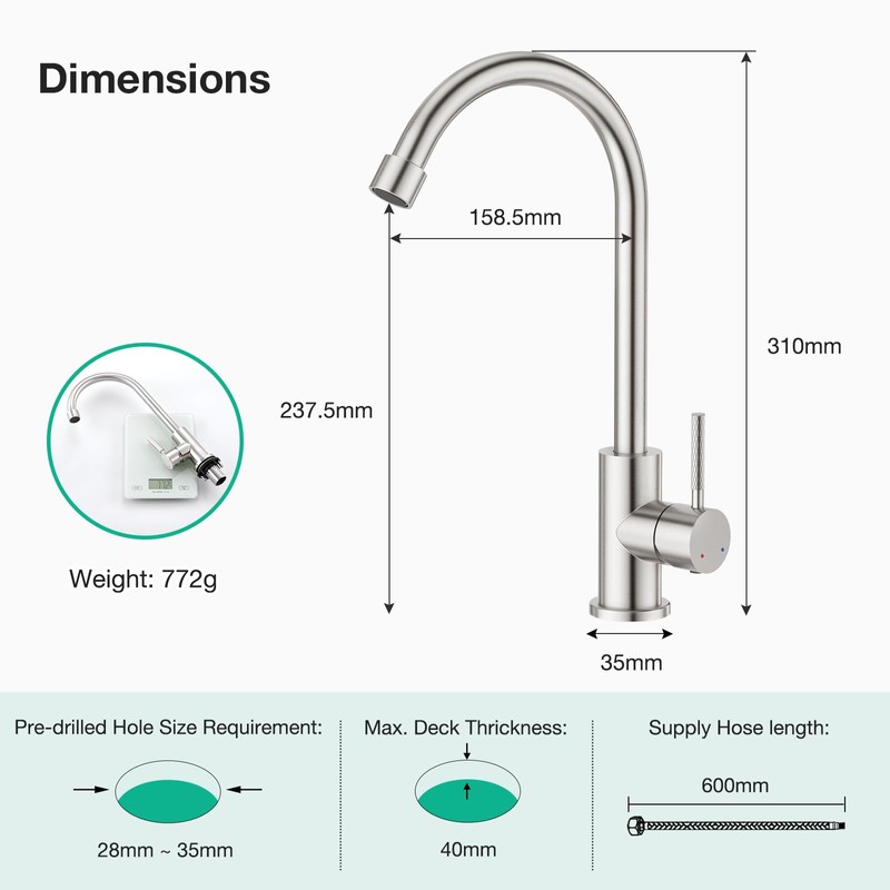 Faustina Kitchen Sink Mixer Tap Single Lever Mixer Tap High
