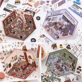 4PCS 3D House Stickers,Fun DIY Stickers Scene,DIY 3D House Stickers,Scene Stickers,Coffee Shops, bookstores, Restaurants, supermarkets Suitable for Adults and Children to Relieve Stress