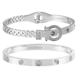 Acnode 2PCS Gold Bracelets for Women Friendship & Love Theme Crystal Bangle Set Stainless Steel Non Tarnish Jewelry, Ideal Birthday Gift. (Silver-A)