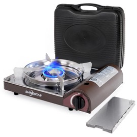 SHINESTAR 14000 BTU Butane Camping Stove, Portable Butane Stove with Brass Burner, One-Touch Piezo Ignition, Magnetic Safety Lock & Double Wind-Guard, Portable Gas Stove for Camping, RV, Emergencies