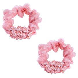 2 Pack Sparkly Boho Organza Crystal Beads Hair Ties Hair Ropes Hair Scrunchies Elastics Ponytail Holders Hair Jewelry Hair Wrist Ties Bands Scrunchies Hair Accessory for Show Gym Dance Party for Girl Women (Pink)