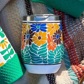 Biddlebee 12 Oz Stainless Steel Wine Tumblers with Slider Lids, 2-Pack – Double Wall Insulated Cups for Wine, Coffee, Cocktails, or Tea – Keeps Drinks Hot or Cold for Hours (Retro Floral Faith)