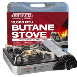 Chef Master 90011 Butane Countertop Stove ONLY, Portable Camping Stove 10,000 BTU Output Brass Burner, Piezo Ignition Portable Stove with High-Impact Carry Case for Emergency Use & Outdoor Cooking