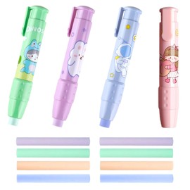 4Pcs Cartoon Animal Retractable Click Eraser Smooth Surface Pen-Style Eraser Set Press Type Mechanical Eraser Small Portable Retractable Eraser for Students Writing Office