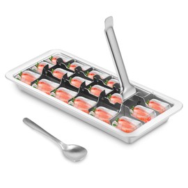 304 Stainless Steel Ice Cube Tray with Spoon and Easy Release Handle 18 Slot Ice Cube Maker Mold Dishwasher Safe(Silver)