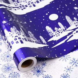 RUSPEPA Reversible Christmas Wrapping Paper Roll, Mini Roll, Elegant Snowy Village Night Scene and Blue Snowflake Design, Festive Blue Gift Wrap for Winter Holiday, 17 Inches x 16.4 Feet