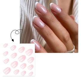 24Pcs French Tip Press on Nails, Short Fake Nails Almond Tips Full Cover Acrylics Nails Glossy Nude Reusable Glue on Nails Glitter Stick on Nails for Women Girls Artificial Nails Manicure Decoration