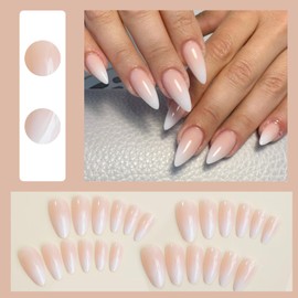 Ceboic French Stiletto False Nails Medium, 24Pcs Almond Press on Nails White Gradient Elegant Fake Nails with Glue Stickers, Natural & Reusable Full Cover Acrylic Stick on Nails for Women and Girls