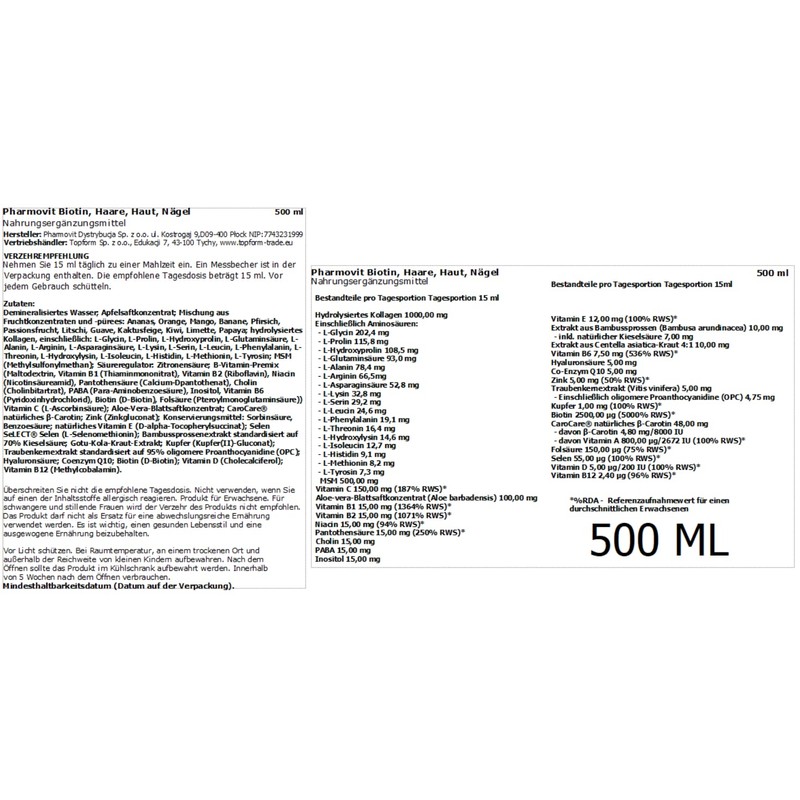 Collagen, Biotin, MSM, Coenzyme Q10 Hair, Skin, Nails 500 ml