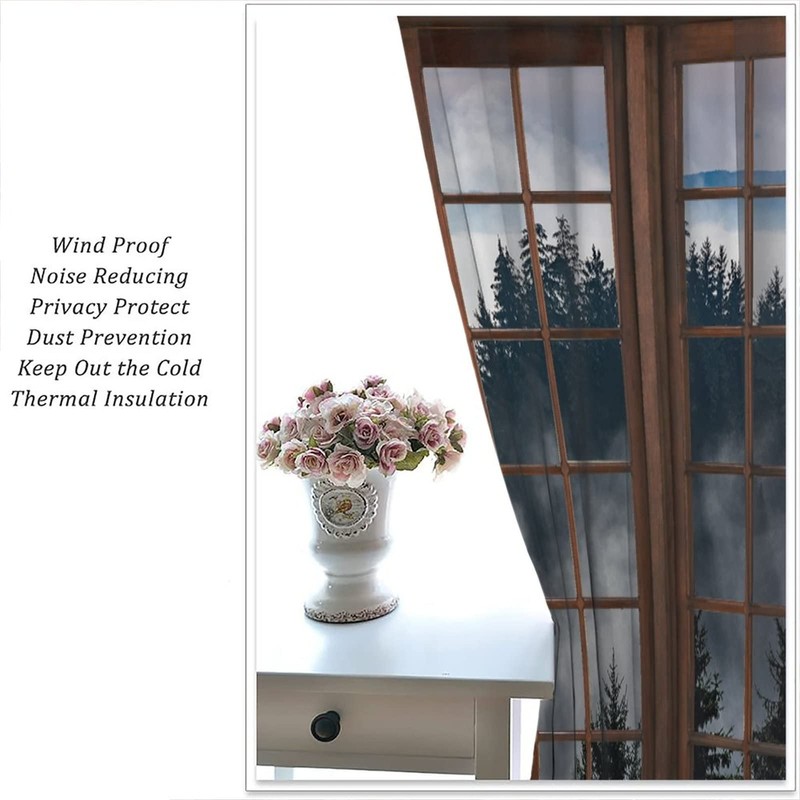 Misty Forest Landscape Curtains, Wooden Window Forest Mountain Rustic Bedroom