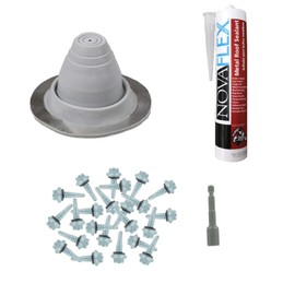 Fasteners Plus #1 Round EPDM Metal Roof Pipe Flashing Boot Kit - Fits 1/4" - 2-1/2" Pipe OD - Includes Flashing, NovaFlex Sealant & Roofing Stitch Screws - Gray (Made in USA)