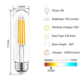 winsaLED Dimmable T10 LED Bulb 60 Watt Equivalent, Vintage 6W LED Edison Bulbs,Tubular Clear Decorative Light Bulb for Sputnik Lighting Fixture, 2700K Warm White, E26 Base, 6 Pack