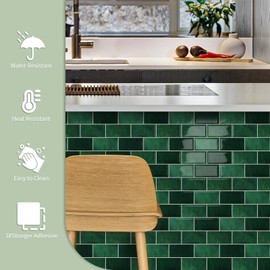MOONFUN 10 Sheet Thicker Subway Tiles Dark Green Peel and Stick Backsplash,12.6"x10.6" Self Adhesive Wall Tile Stick on Splashback for Kitchen and Bathroom