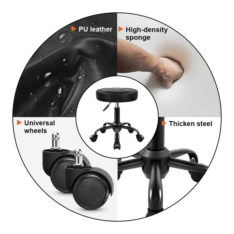 KKTONER Rolling Stool Chair PU Leather Height Adjustable Round Stool