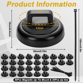 Leinuosen 30 Set Magnetic Zip Tie Mount and Nylon Cable Ties, 19 mm Multipurpose Wire Cable Holder Mount Wire Clips Management Electrical Organization Supplies