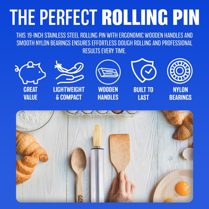 Stainless Steel Non Stick 19" Rolling PIN Pastry Dough Baking