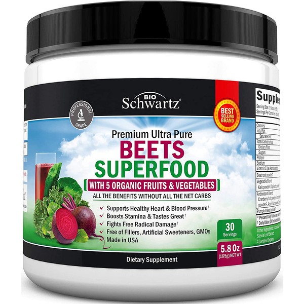 Beets Superfood Powder - Beet Root Powder with Vitamin C - with Organic, Antioxidant Rich Fruits & Vegetables - Boost Stamina - for Healthy Heart Support - Great Tasting & GMO Free - 30 Servings