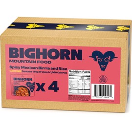 BIGHORN Mountain Food Spicy Mexican Birria and Rice - contains 4 packs | 8 servings | 140g Protein | 1,960 Calories - premium freeze dried meals for backpacking food - dehydrated camping food for backpacking meal - just add water - great taste
