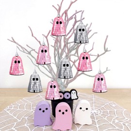 Simgoing 12 Pcs Summer Halloween Disco Ghosts Decor Halloween Ornament Silver Mirror Disco Skeleton Tabletop Centerpiece for Holiday Cosplay Home Props Gift Party Decorations (Pink)