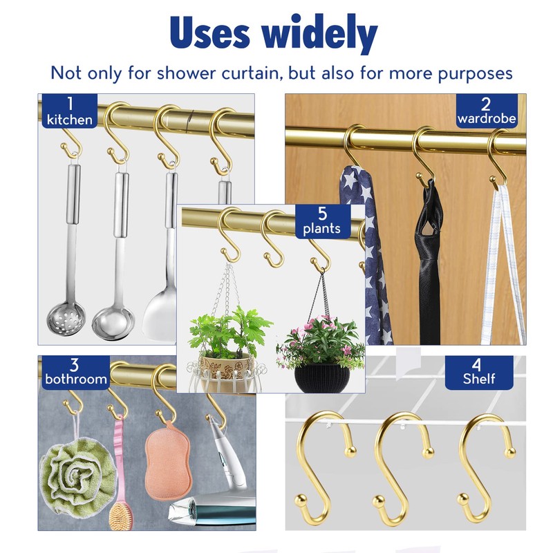 Metal Shower Curtain Hooks，Set of 12 Rings，Rust Resistant S Shaped
