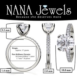 NANA Jewels Womens Sterling Silver Round Cut Zirconia Solitaire Engagement Ring, 10mm(4ct)-Silver-Platinum Plated, Size 5.5