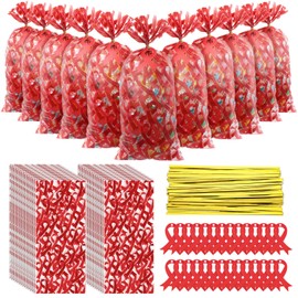 Gueevin 150 Set Red Ribbon Week Awareness Bag Cellophane Treat Bags Candy Cookie Goodie Cello Bags Bulk with Twist Ties Gift Cards for Party Favor Supplies