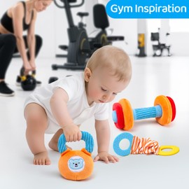 Baby Toys 3-6-12 Months Sensory Toy for Babies Workout Dumbbell Weights Toy Set with Rattles,Crinkle,Mirror & Teether,Montessori Toys for 6 Month Old Infant Baby Girl Boy Gifts