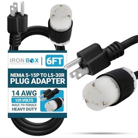 IronBox Electric NEMA 5-15P to L5-30R Plug Adapter Power Cord - 15A,125V,14 AWG - UL Listed Power Extension Cable - Heavy Duty Plug & Connector for Generator, Servers, PDU, Camper & More (6ft, Build)