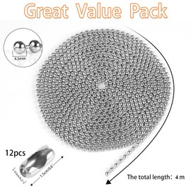 Roller Blind Chain, Blind Cord with 12pcs Chain Connectors, Rust-proof Roll Blind Spares Metal Roller Blind Fittings for Curtain Rods, Blackout Blinds, Roman Blinds(4.5MM) (4 METER)