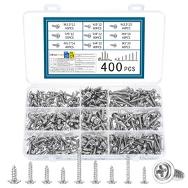 Pack of 400 Self Tapping Screws Flat Head Screws M3/M3.5/M4/M5 Self-Tapping Screws with Washer Head, Cross Head Wood Screws Assortment with Washer (Pack of 400)