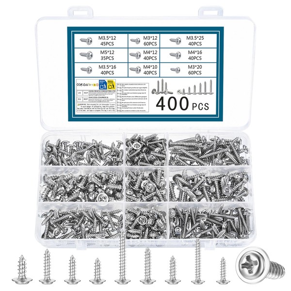 Pack of 400 Self Tapping Screws Flat Head Screws M3/M3.5/M4/M5