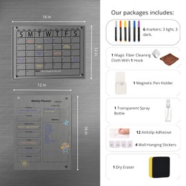 MY AKRYL Magnetic Acrylic Calendar for Fridge - 2 Piece Set: 16x12 Inch Clear Monthly & Weekly Dry Erase Planners, 6 Markers, Spray Bottle, Magnetic Pen Holder, 12 Anti-Slip Adhesives, 4 Wall Stickers