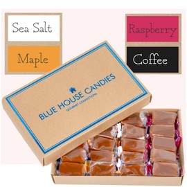Blue House VARIETY Handcrafted Gourmet Caramel Candies Gift Box, Maple, Raspberry, Coffee, and Sea Salt