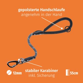 Floxik Short Lead Grey for Dogs Diameter 12 mm Reflective Short Lead Made of Climbing Rope Material Ideal for Lead Training and Free-Wheel Training