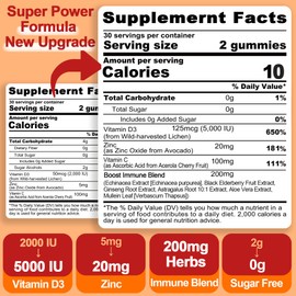 Sugar Free Vitamin C + D3 + Zinc Gummies for Adults 50 +, 9 in 1 Immune Defense Supplement with D3 5000IU, Elderberry, Echinacea, Mullein Leaf for Boost Immunity, Power Antioxidant, Vegan (Pack of 1)