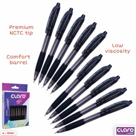 CLARO Arrow Retractable Ballpoint Pens, BLACK, Fine Point (0.7mm), Pack of 10, Smooth Ball Pens, Perfect for School Office Home Everyday Use