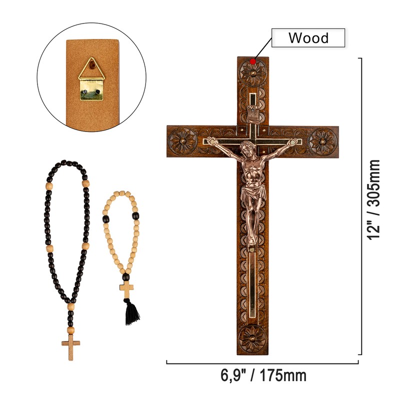 Woodvio - Hand carved wooden wall cross, Catholic crucifix