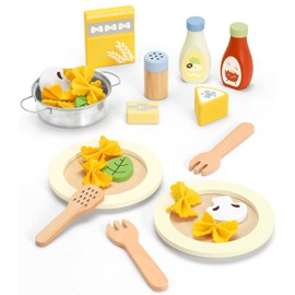 Pillowhale Pasta Food Toys, Wooden Play Kitchen Food , Play Food with Pots and Pans Playset, Kids Pretend Play Kitchen Accessories Toys Set for Girls Boys 3+Years Old