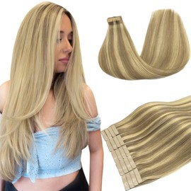 DOORES Hair Extensions Tape-in, Light Blonde Highlights Golden Blonde 55 cm (22 Inches) 50 g 20 Pieces, Tape-in Real Hair Extensions Real Hair Tapes Straight Hair