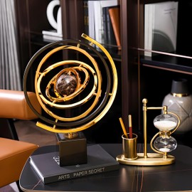 BG-DRGNING Gold Globe Decor Modern Abstract Art Decoration, Sculptures Home Decor Large with Rectangle Stands, Home Office Desk Decor Black & Gold (XL, Globe)