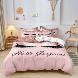 Long Eyelashes Duvet Cover Set - King Size, Luxury Rose Gold Glitter Bling Girly Pink Bedding Sets, Hello Gorgeous Comforter Cover Bedroom Decor for Women Teen Girl (1 Duvet Cover + 2 Pillowcase)
